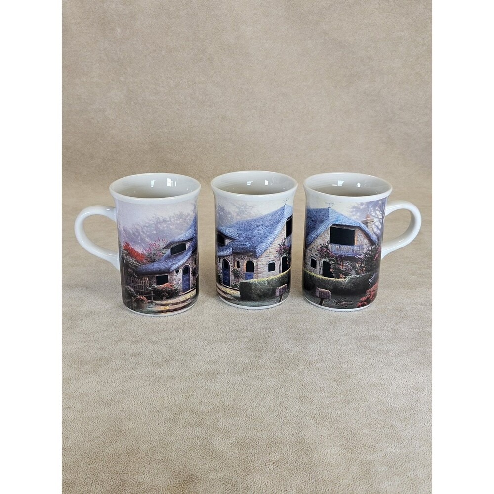 Collectible Thomas Kinkade Lilac Cottage~3 Coffee Cups Light Paint